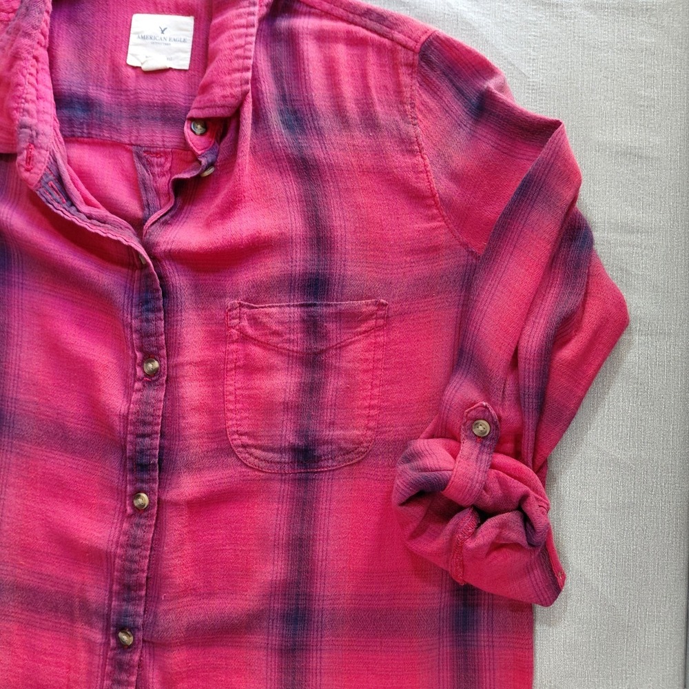 American Eagle Boyfriend Fit Button Up Plaid Shirt Women's XL Red - Picture 7 of 11